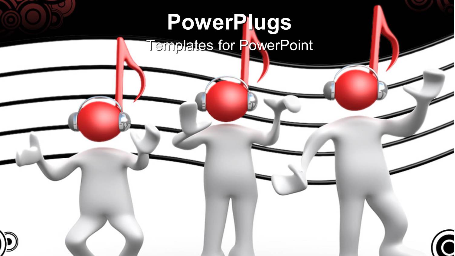 3D Depiction of Men Dancing with Music Symbol as Head and Headphones