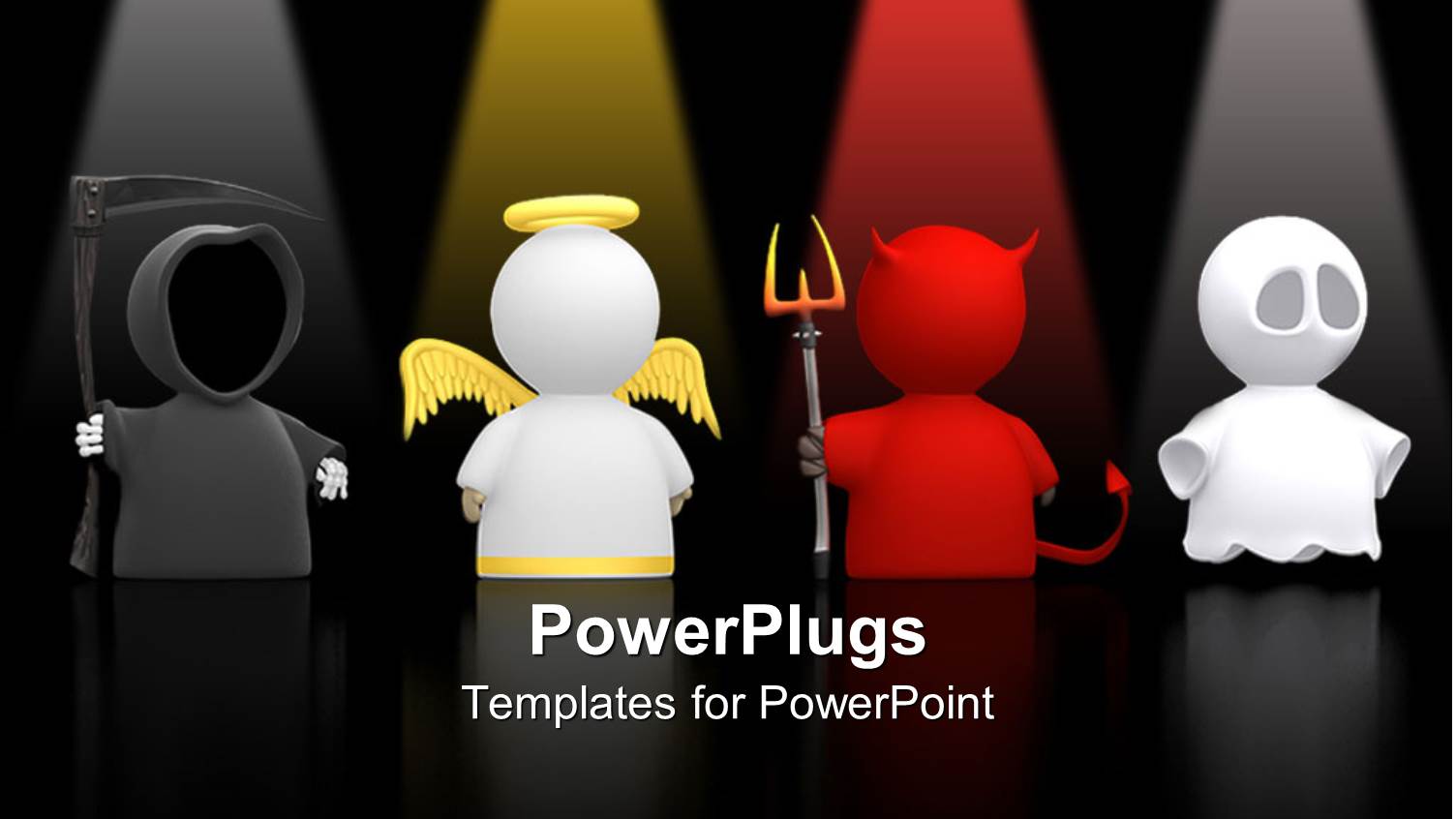 3D Depictions of Death, Angel, Devil and Ghost Under Highlights on Black Background