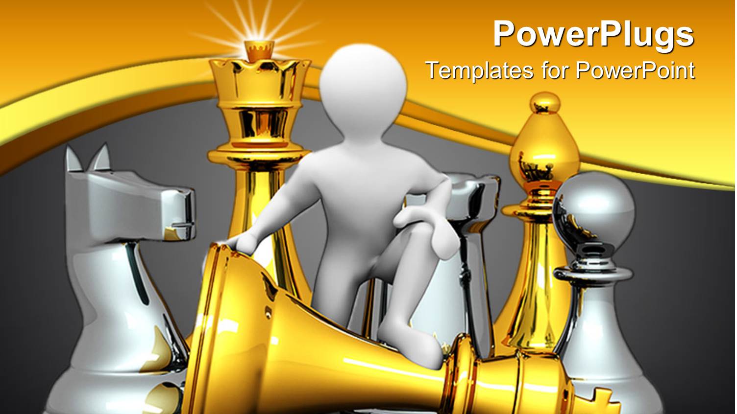 3D Design Depicting Figure and big Chess Pieces Gold Chess Pieces and Silver Gold Pieces on Golden and Gray Background