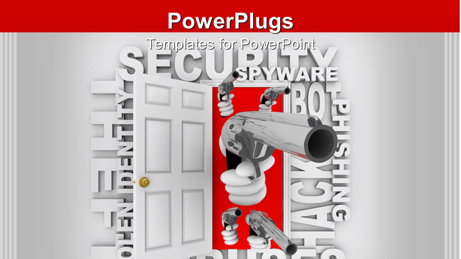 a 3D Door and Hand Holding a Gun with Lots of Texts Around them 