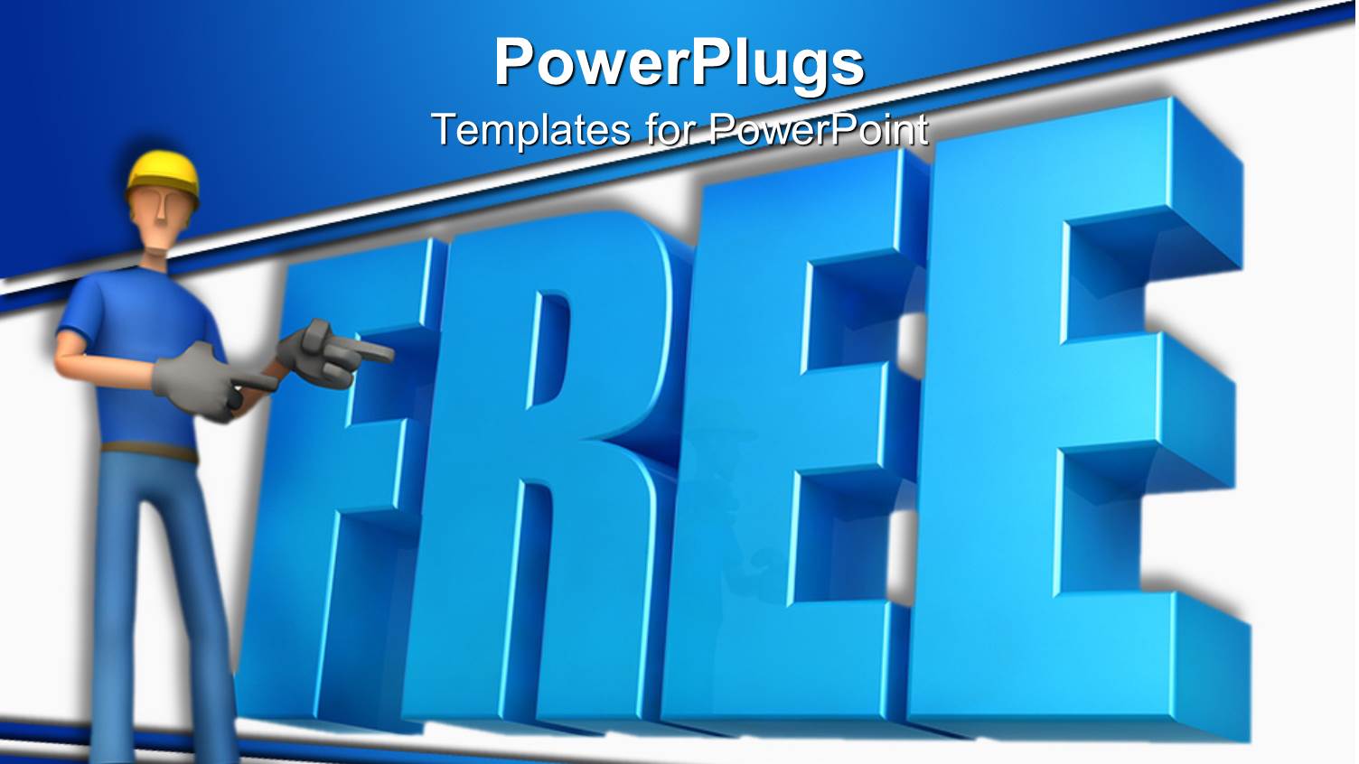 3D Figure of Constructor Showing Towards Blue 3D Free Word on White Band and Blue Background