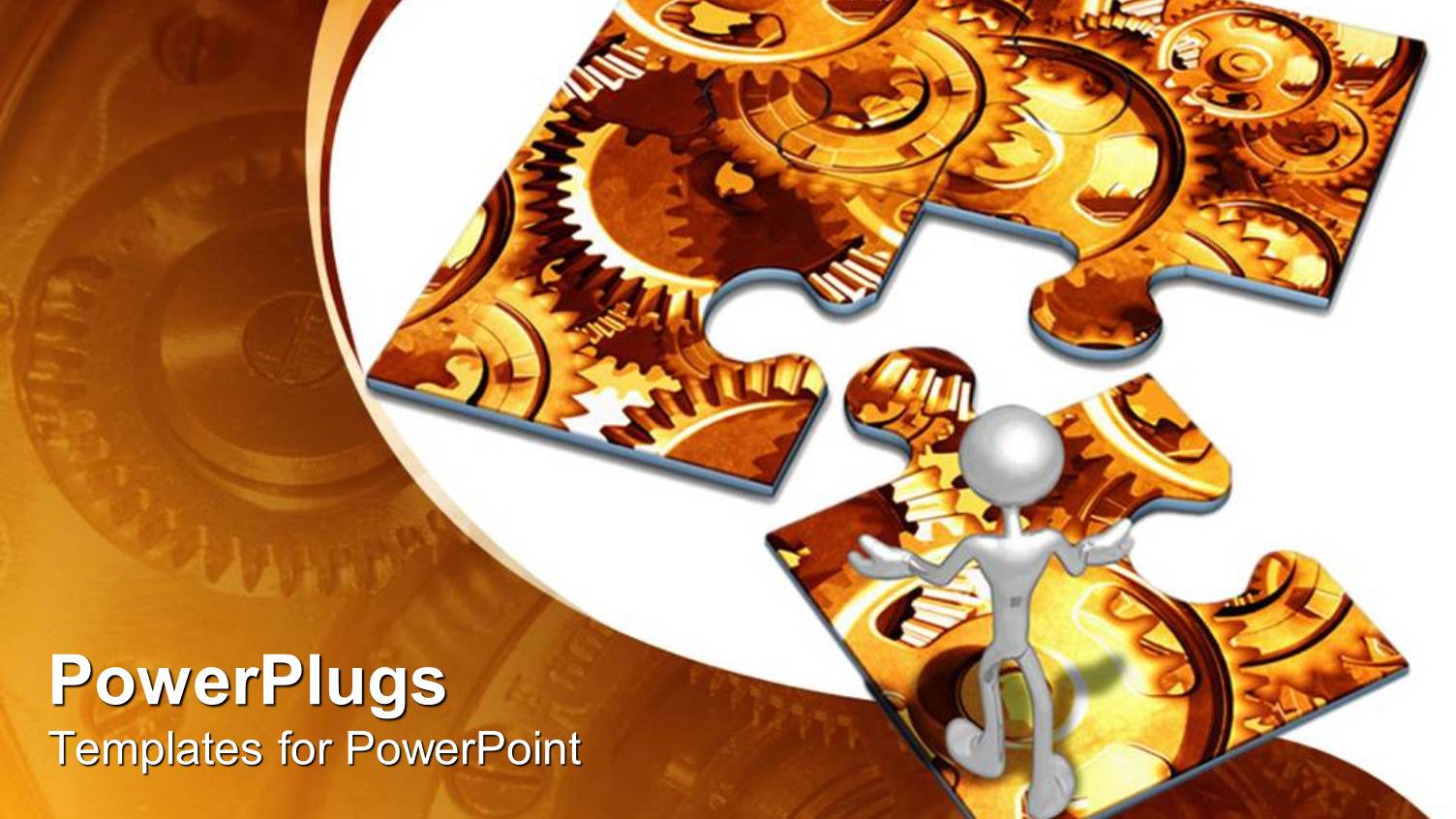 3D Figure Standing on Jigsaw Puzzle Piece to Finish Piece Representing Mechanical Gears