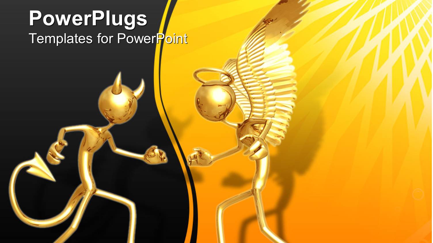 3D Figures Devil and Angel, Evil and Good, Dark and Light Concept, Demon on Black and Angel on Yellow with Sun Rays