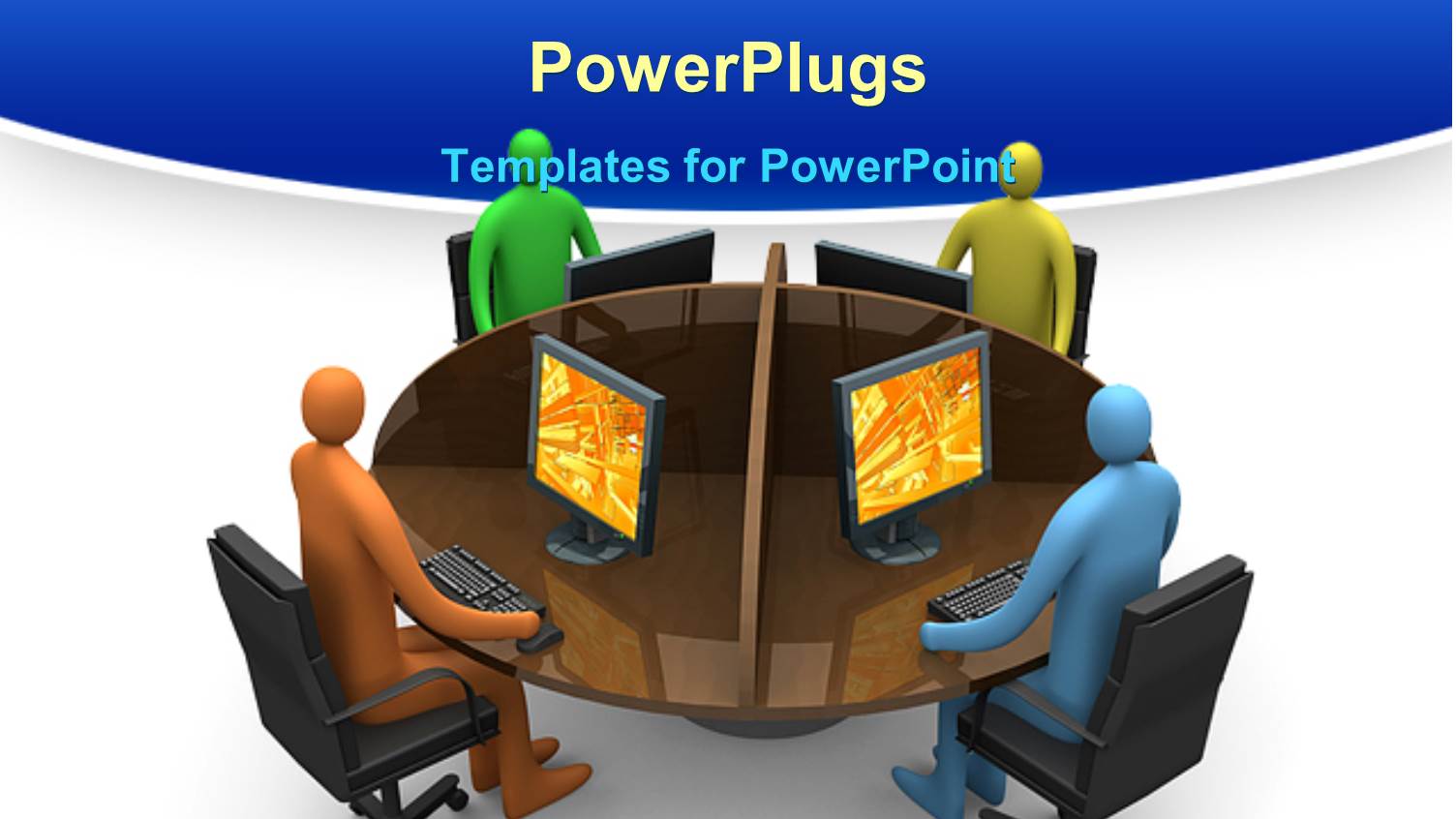 3D Four Figures Around a Round Table Working on Desktop Computers