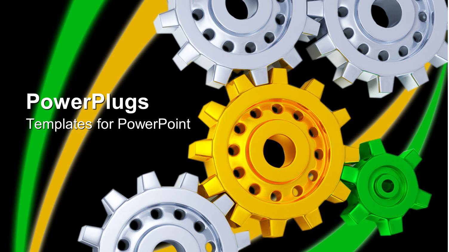 3D Gears with Three Silver Gears, One Yellow Gear and One Green Gear Forming Gear Mechanism on Black Background