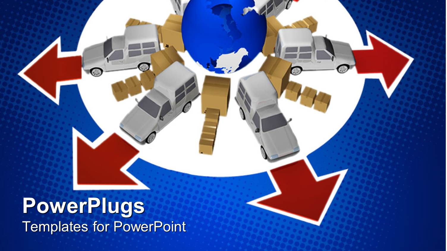 3D Globe Framed by Trucks with Red Arrows Depicting International Transportation and Delivery