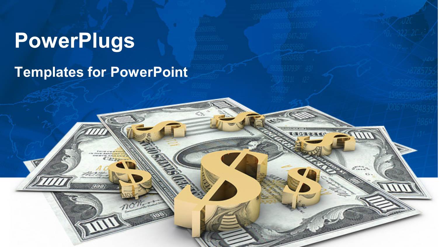 3D Gold Dollar Signs on Hundred Dollar Bills with World Map