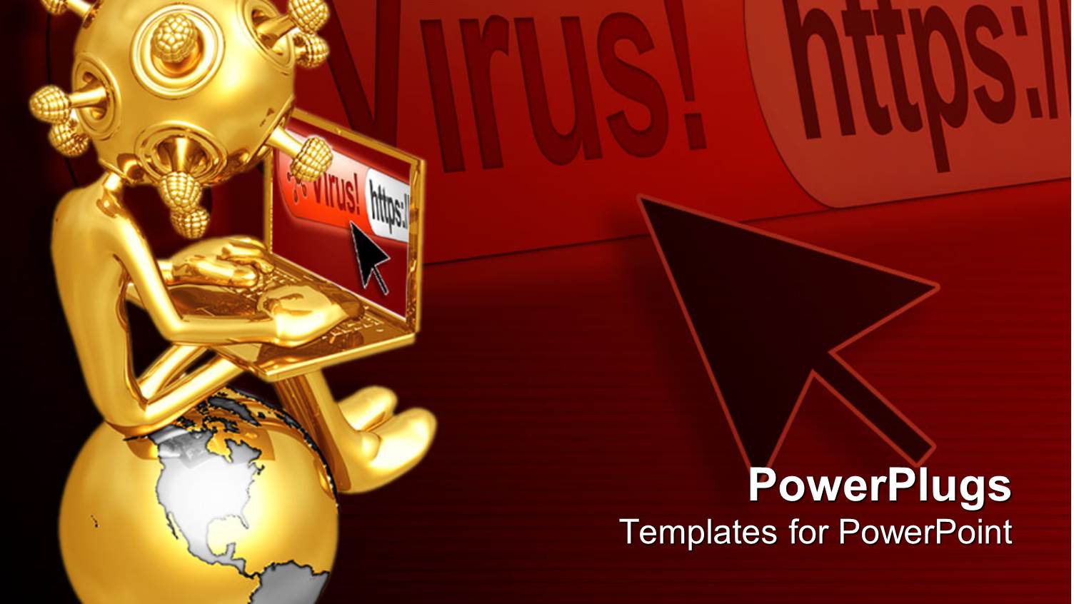 3D Gold Figure Holding Laptop Sitting on Top of Golden and Silver Globe with Black Cursor and Virus Warning