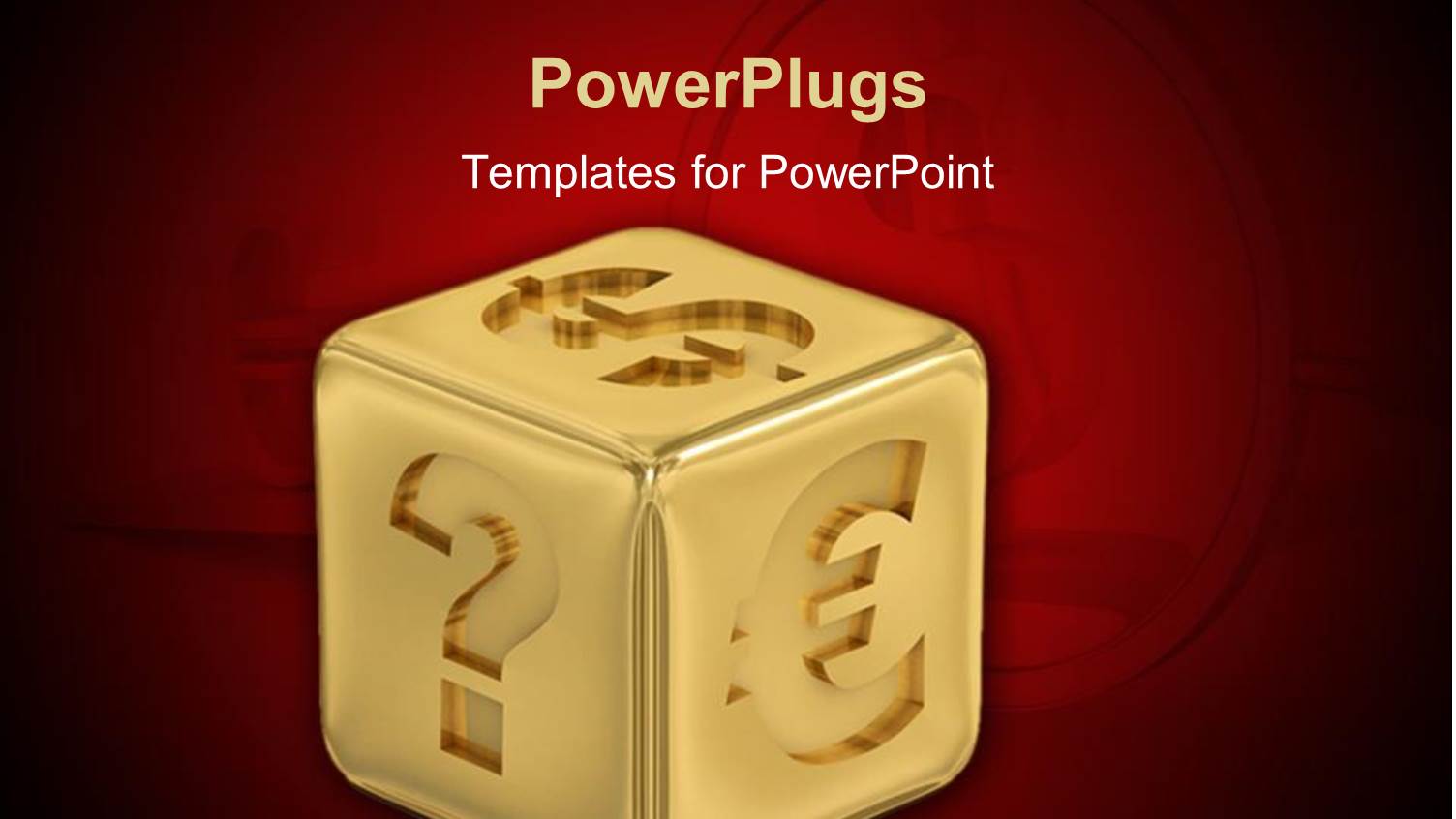 3D Golden Cube with Dollar Sign, Euro Symbol, Question Mark on Red Background with Dollar Coin