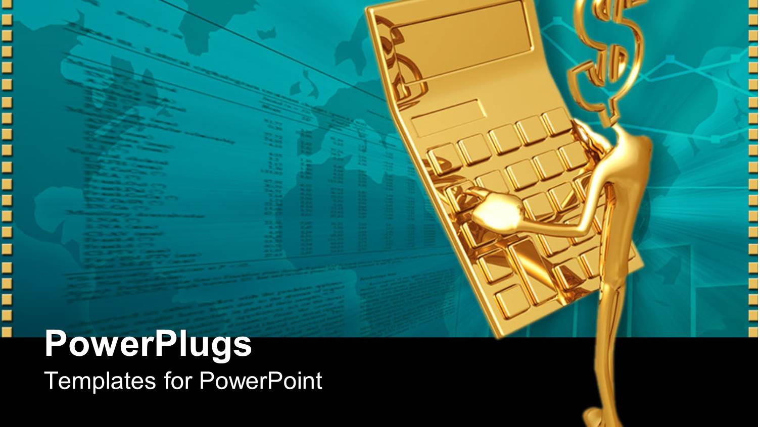 3D Golden Figure with Dollar Symbol Head Holding a Golden Calculator on a World Map with Table Background