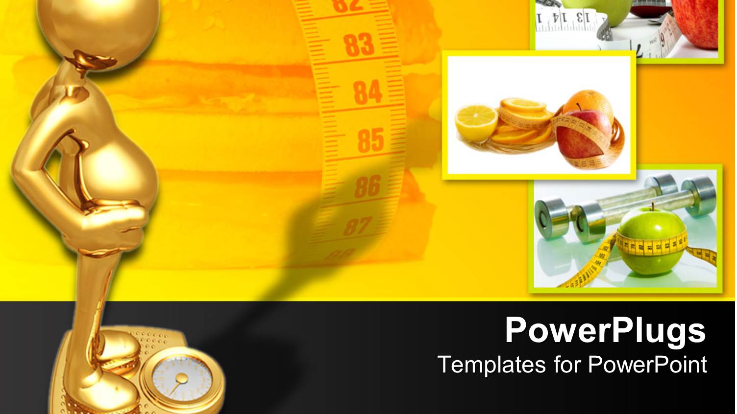 3D Golden Figure on Golden Weighing Machine, Hamburger Surrounded by Measuring Tape, Three Depictions of Fruits with