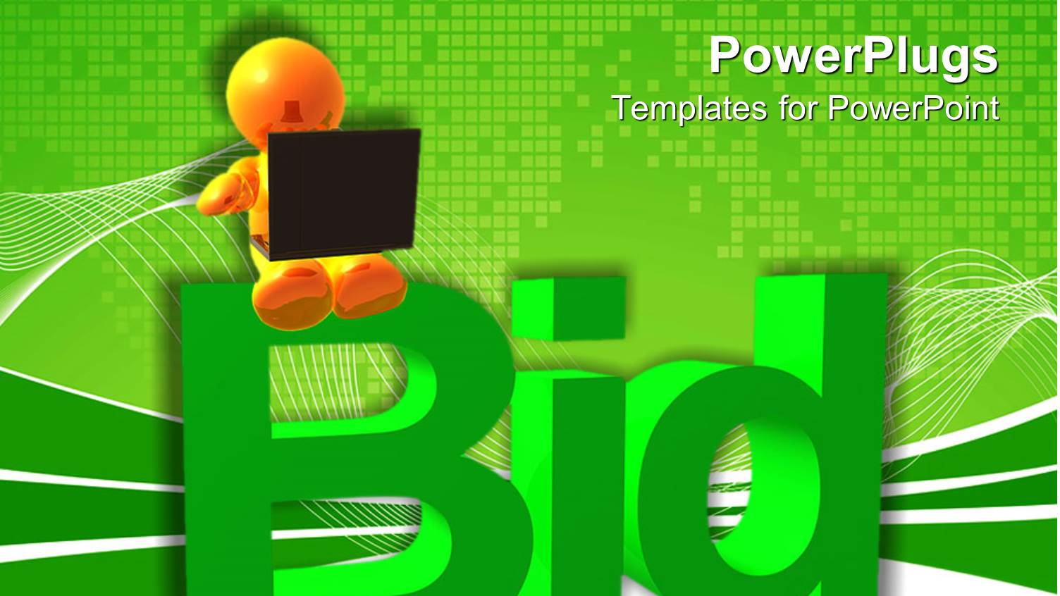 3D Golden Figure Holding Laptop in Lap Sitting on Green Word Bid