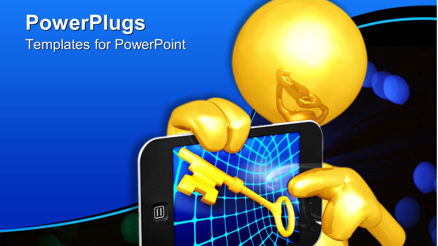 3D Golden Figure Holding Smartphone with Golden Key on Abstract Patterned Screen