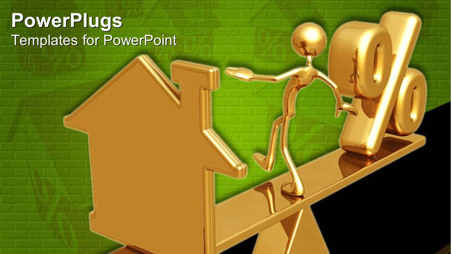 3D Golden Figure Keeping Balance on Scale with House on One Side and Percentage Symbol on other Side