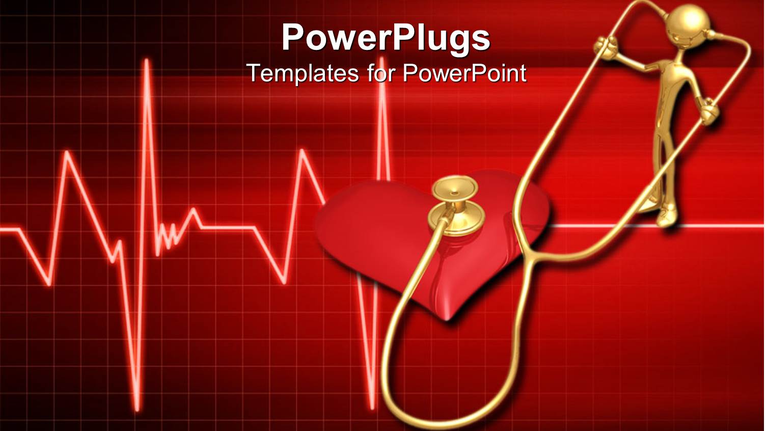 3D Golden Figure with Stethoscope Controlling Heart Beats with Heartbeat Line on Red Background