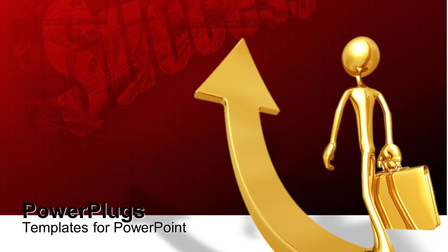 3D Golden Figure with Suitcase Going Up Golden Rising Arrow Pointing to Red Success Word