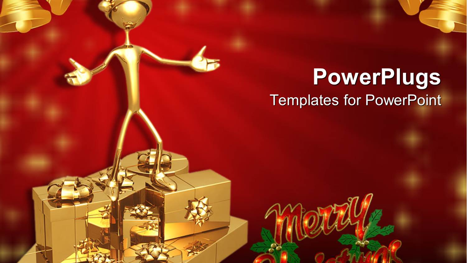 3D Golden Figure Wearing Hat Standing on Top of Golden Gift Boxes, Pair of Golden Bells in Top Corners, and Merry