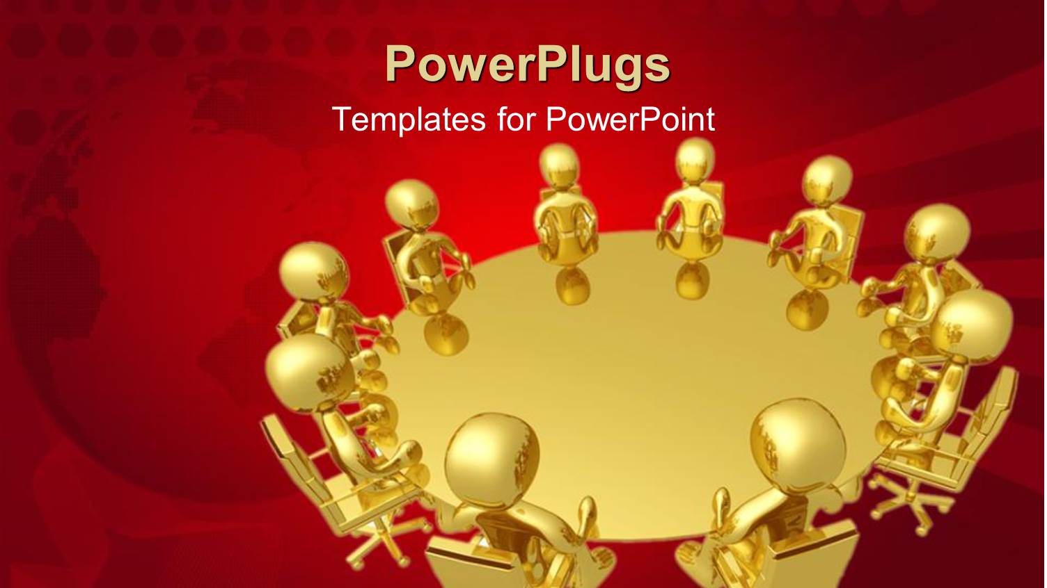 3D Golden Figures Sitting Around a Golden Round Table with Globe Fading in the Red Background
