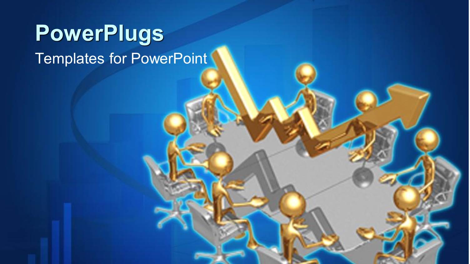 3D Golden Figures Sitting Around a Business Meeting Table with Golden Rising Arrow Showing Growth