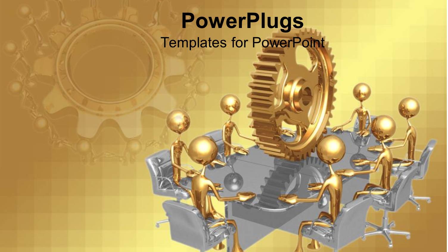 3D Golden Figures Standing Around a Silver Reflective Table with huge Golden Gear on Top of Table