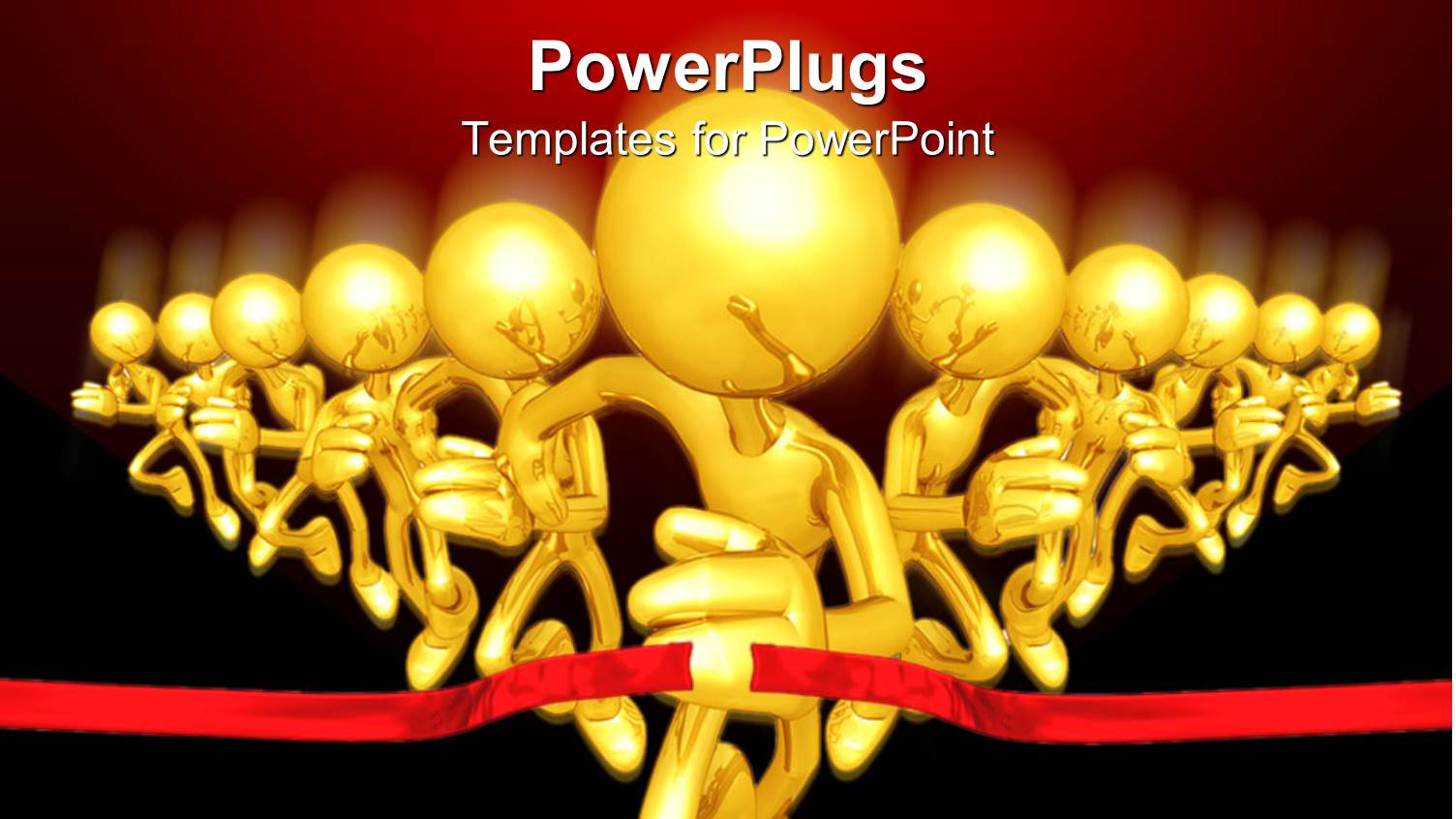 3D Golden Glowing Figures Running in a Competition Getting Through Red Finish Line