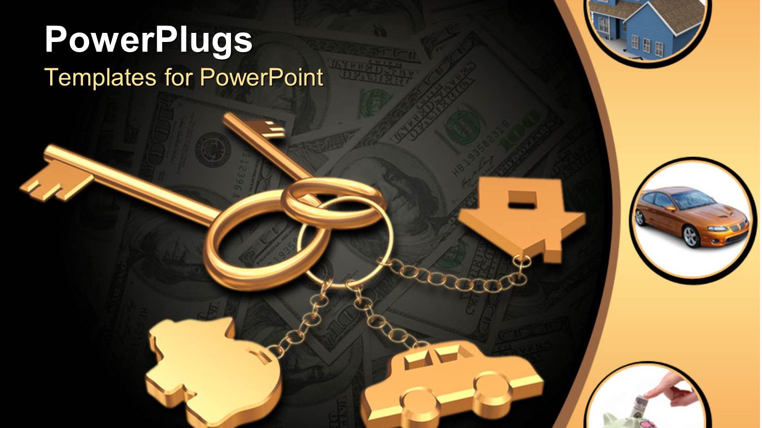 3D Golden Key Chain with Two Keys, House, Car and Piggy Bank and Three Depictions of Real House, Car and Piggy Bank