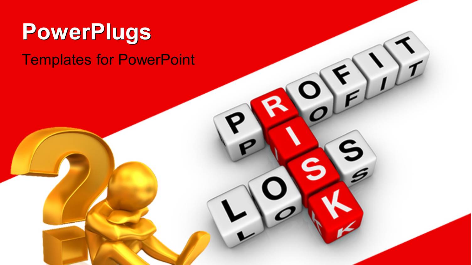 3D Golden Person Sitting Aside Question Mark with Profit Loss and Risk Keywords, and White Color