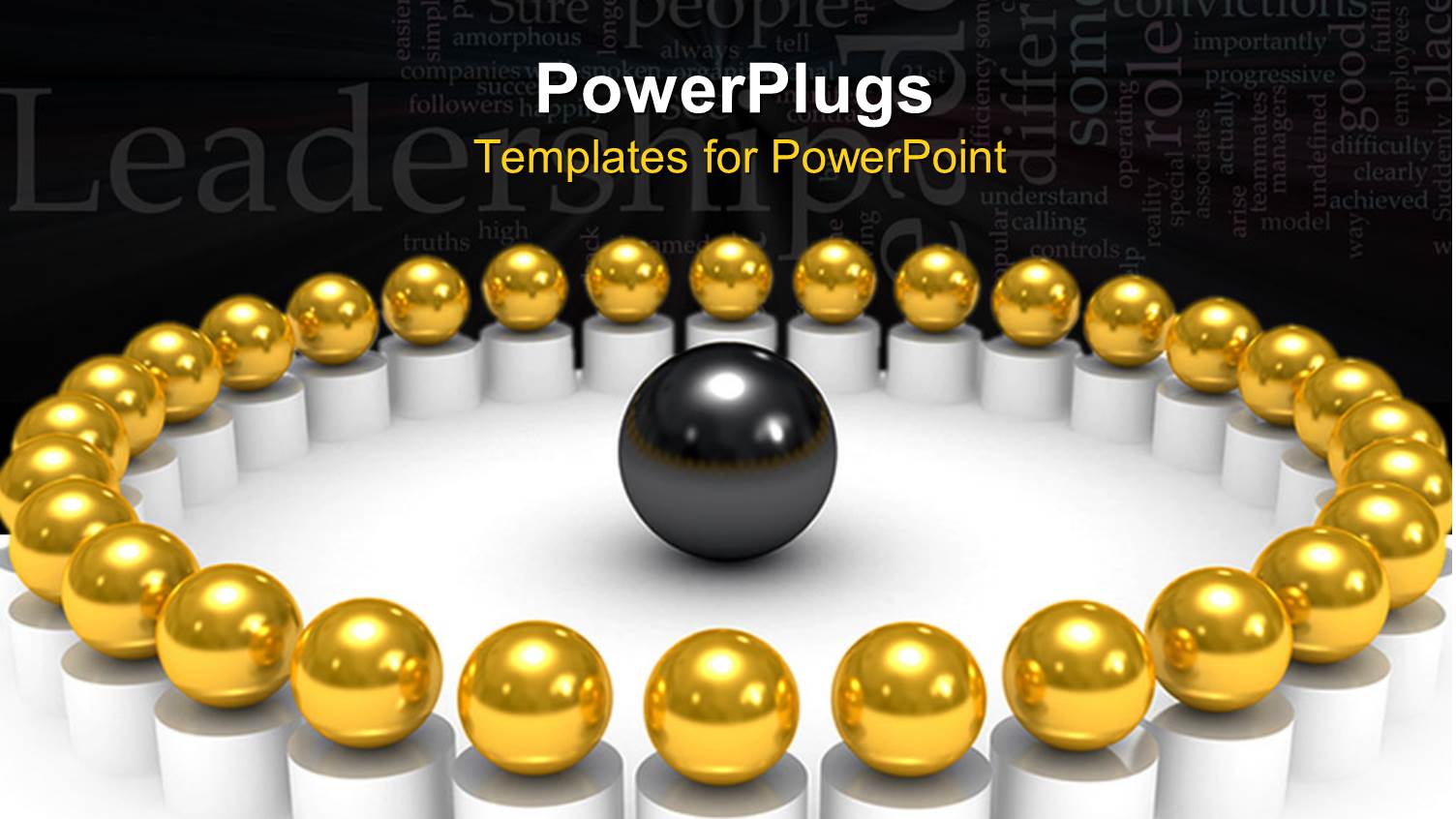 3D Golden Spheres in Circle and Black Sphere in the Middle of Circle with Word Cloud Related to Leadership