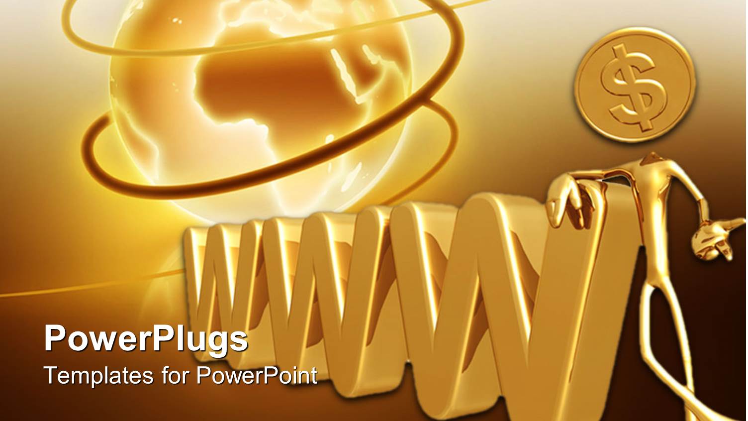 3d Golden Www and Figure with Dollar Coin Standing Against Www with Glowing Globe in the Background