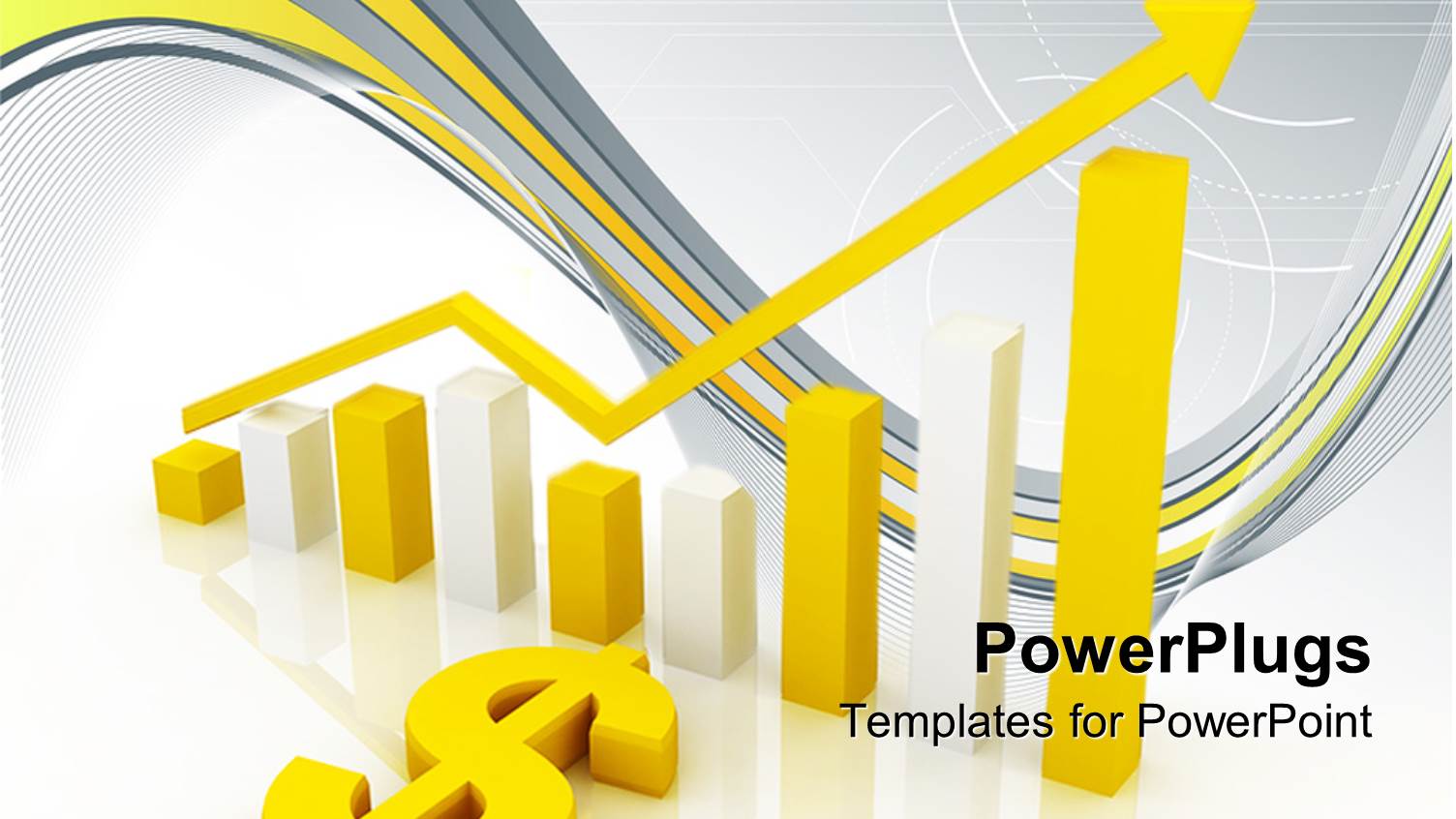 3D Graphic Chart with White and Yellow Bars and Rising Yellow Arrow and Dollar Sign