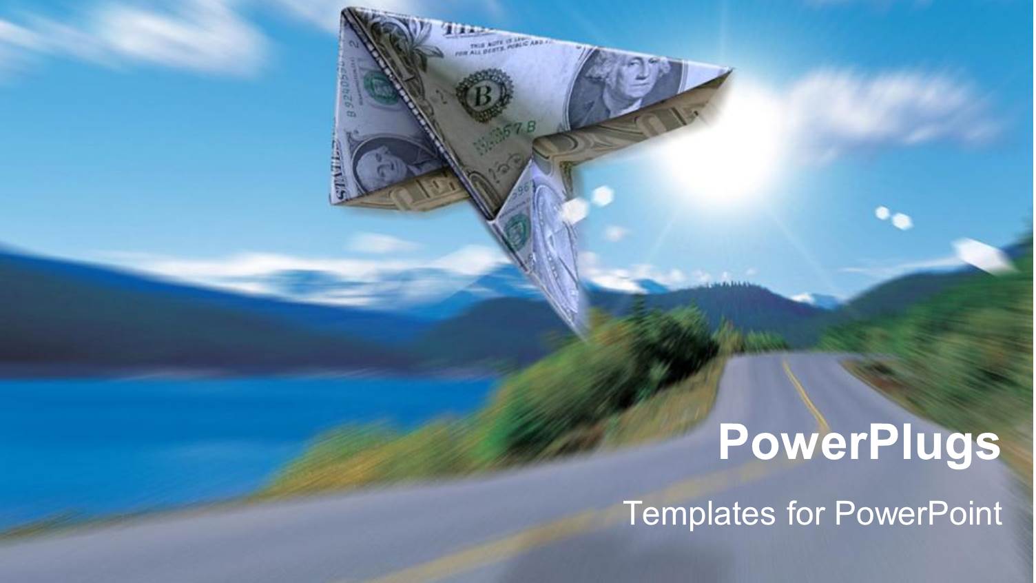 3D Graphics of a Dollar Kite Flying Over a Sky and a Road