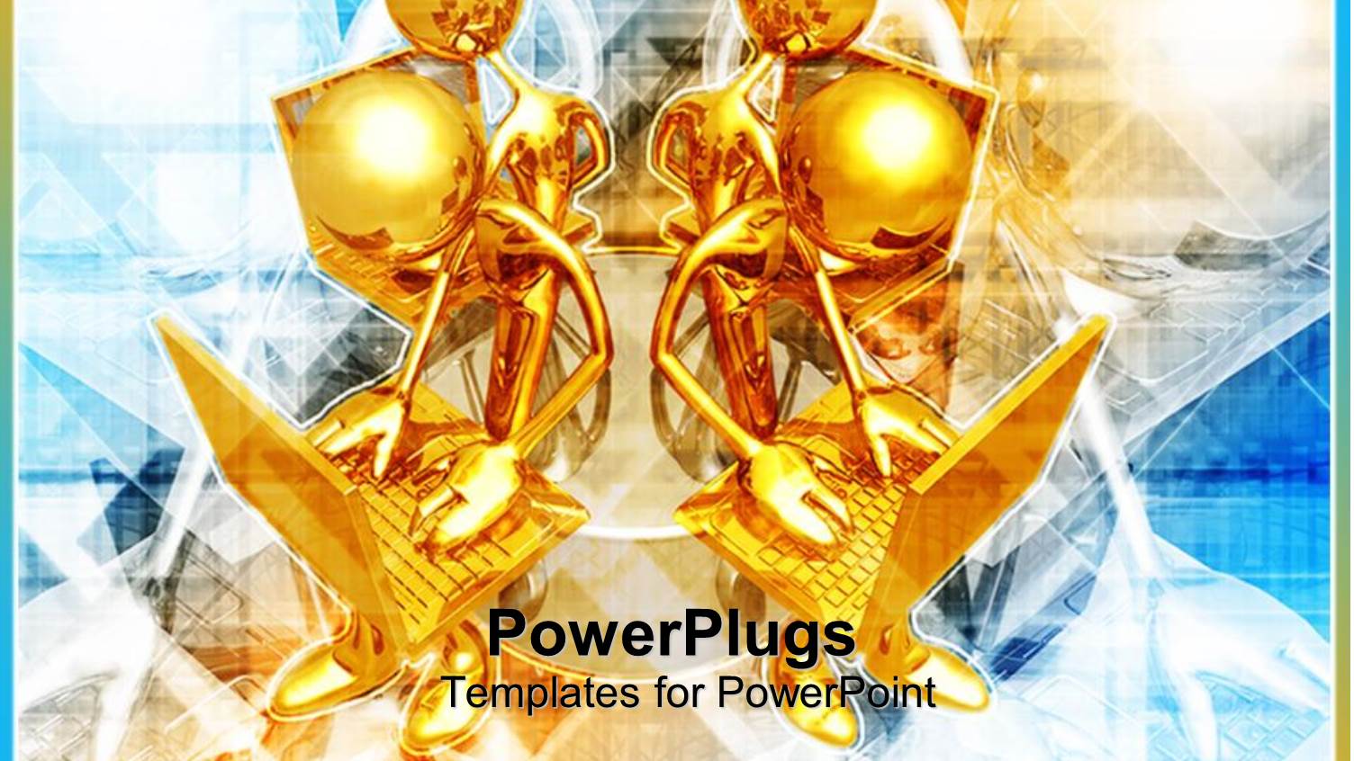 3D Graphics of Four Gold Colored Human Characters Working on Laptops