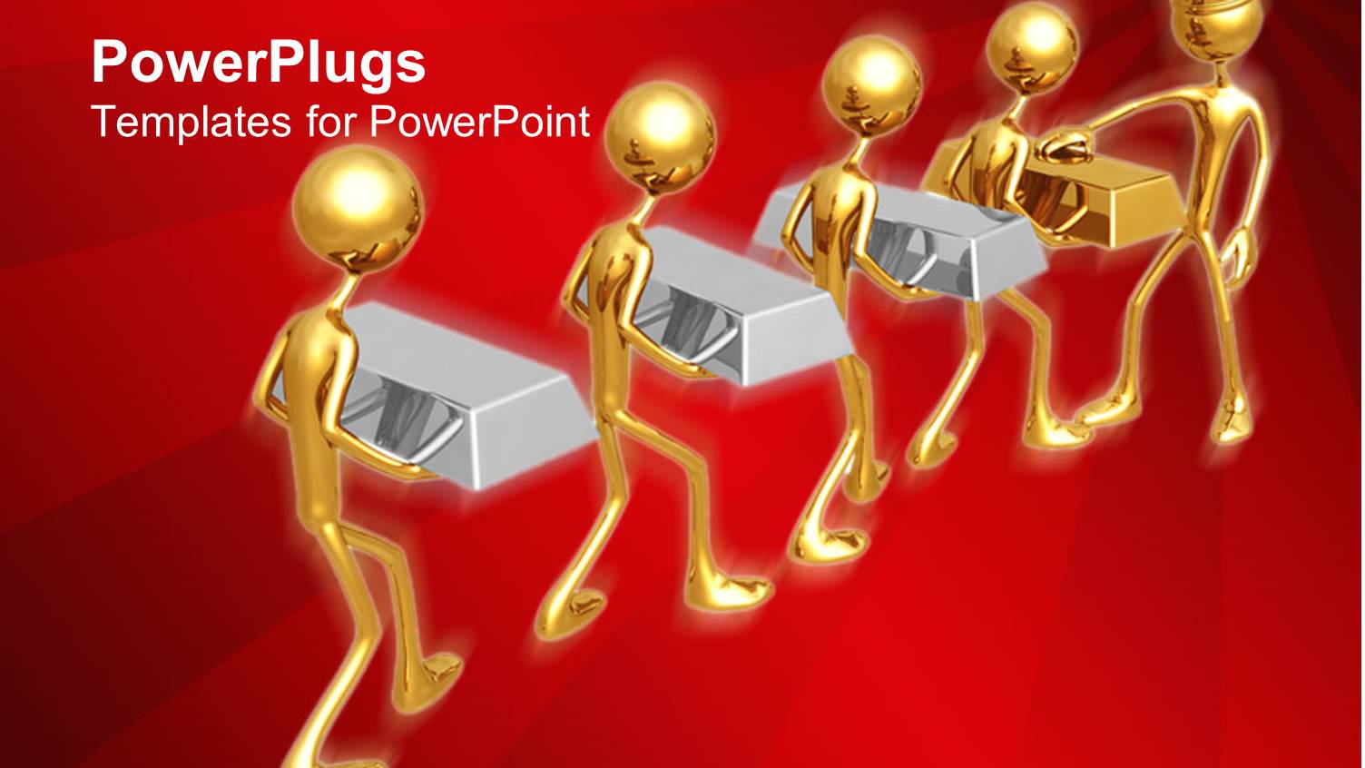 3D Graphics of Four Human Characters Holding Up Silver and Gold Bars