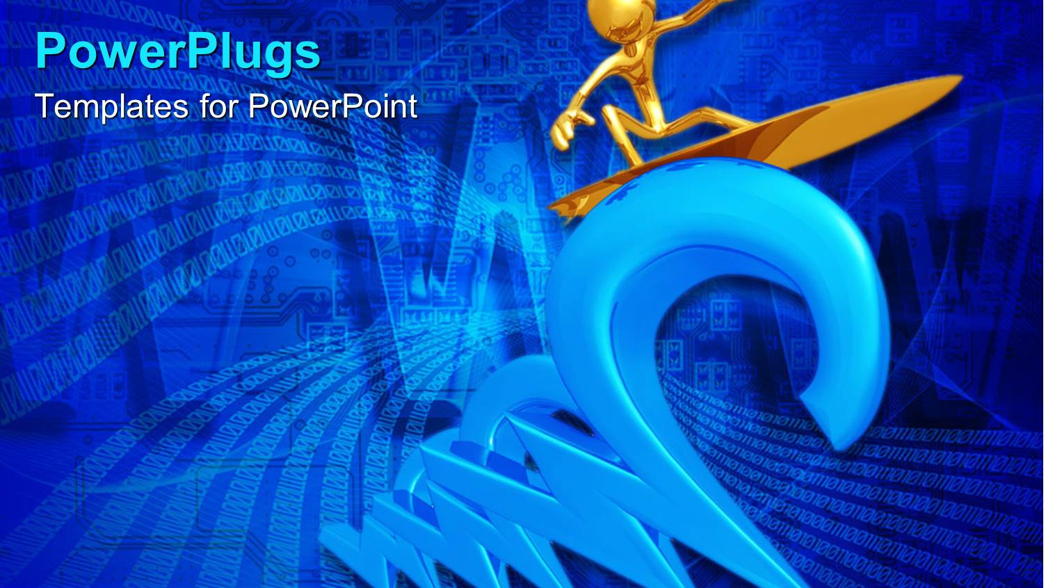 3D Graphics of a Gold Colored Character on a Surf Board Over a Blue Background