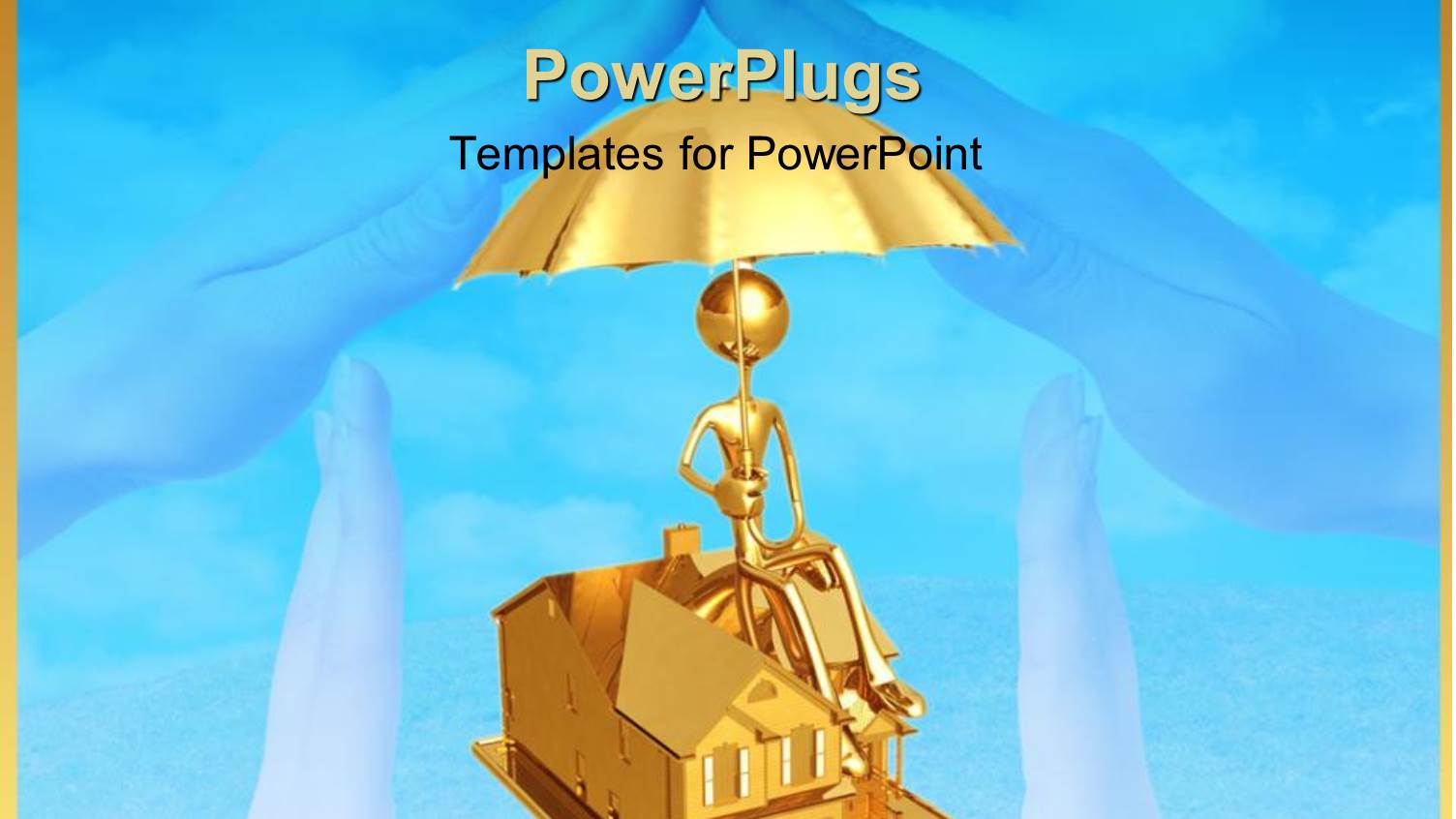 3D Graphics of a Gold Colored Human Holding an Umbrella and Sitting on a House