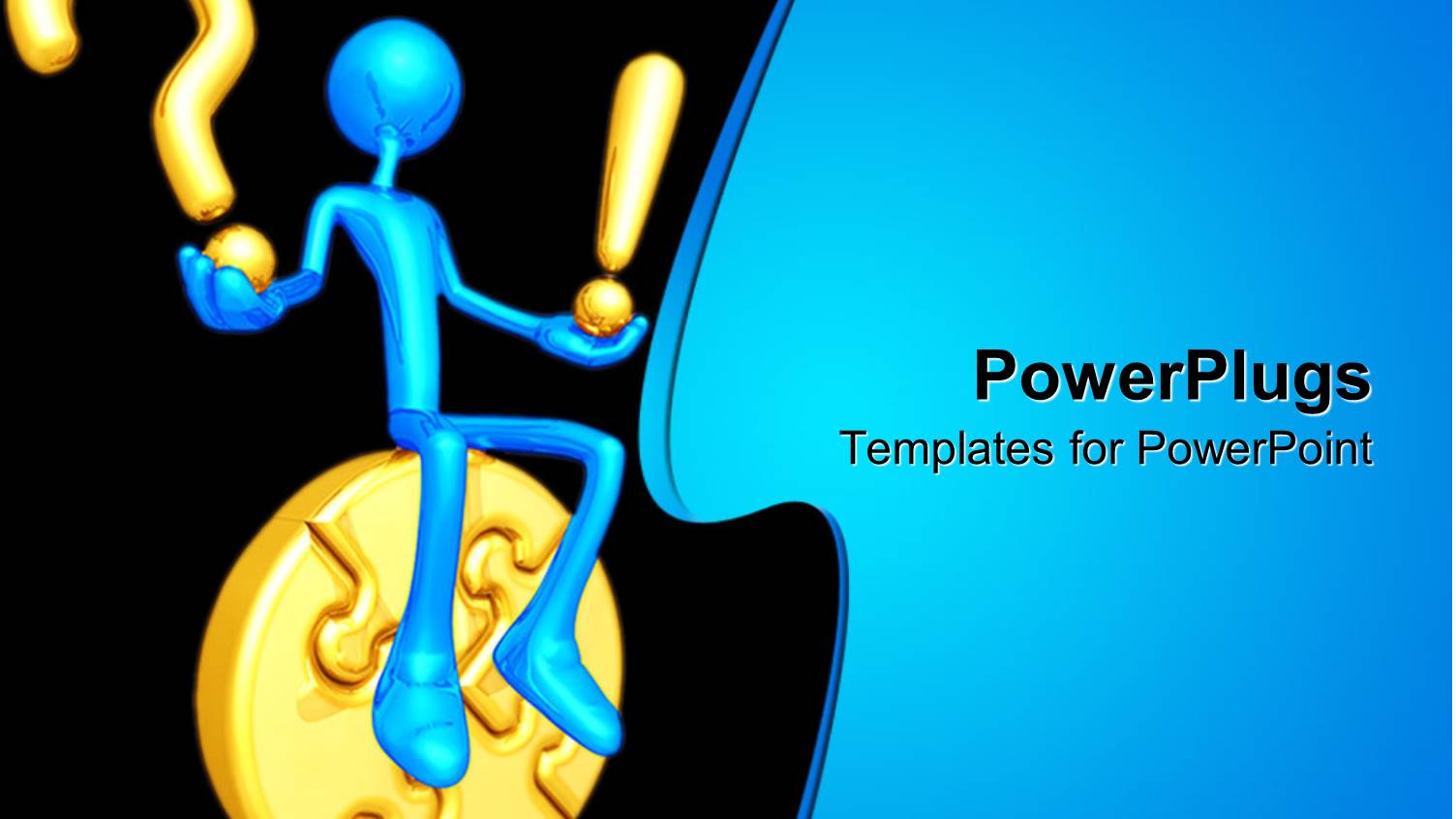 3D Graphics of a large Blue Colored Human Sitting on a Gold Puzzle