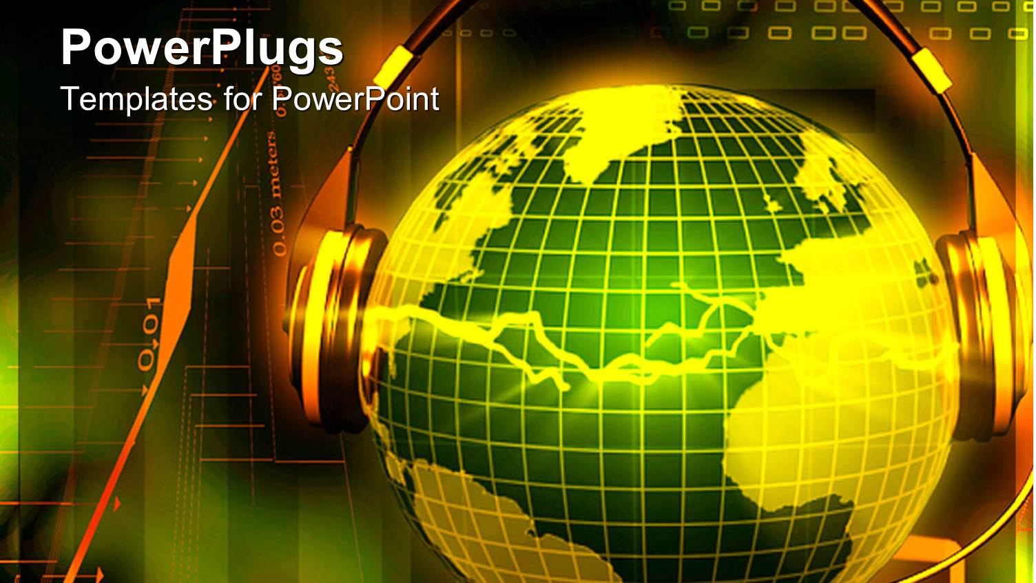 3D Graphics of a large Gold Colored Globe with a Headset on it