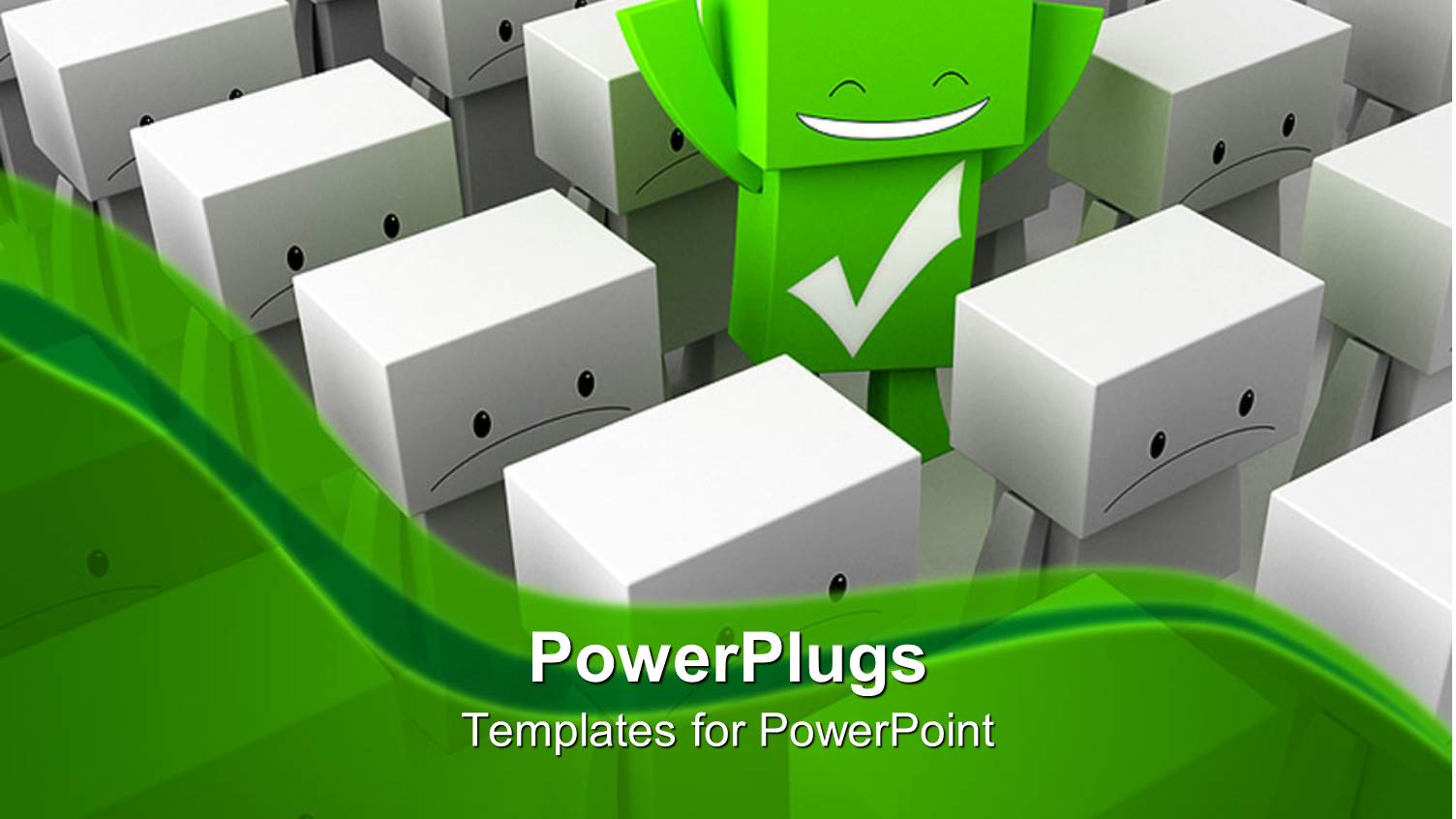 3D Graphics of Lots of Frowning Characters with a Smiling Green One