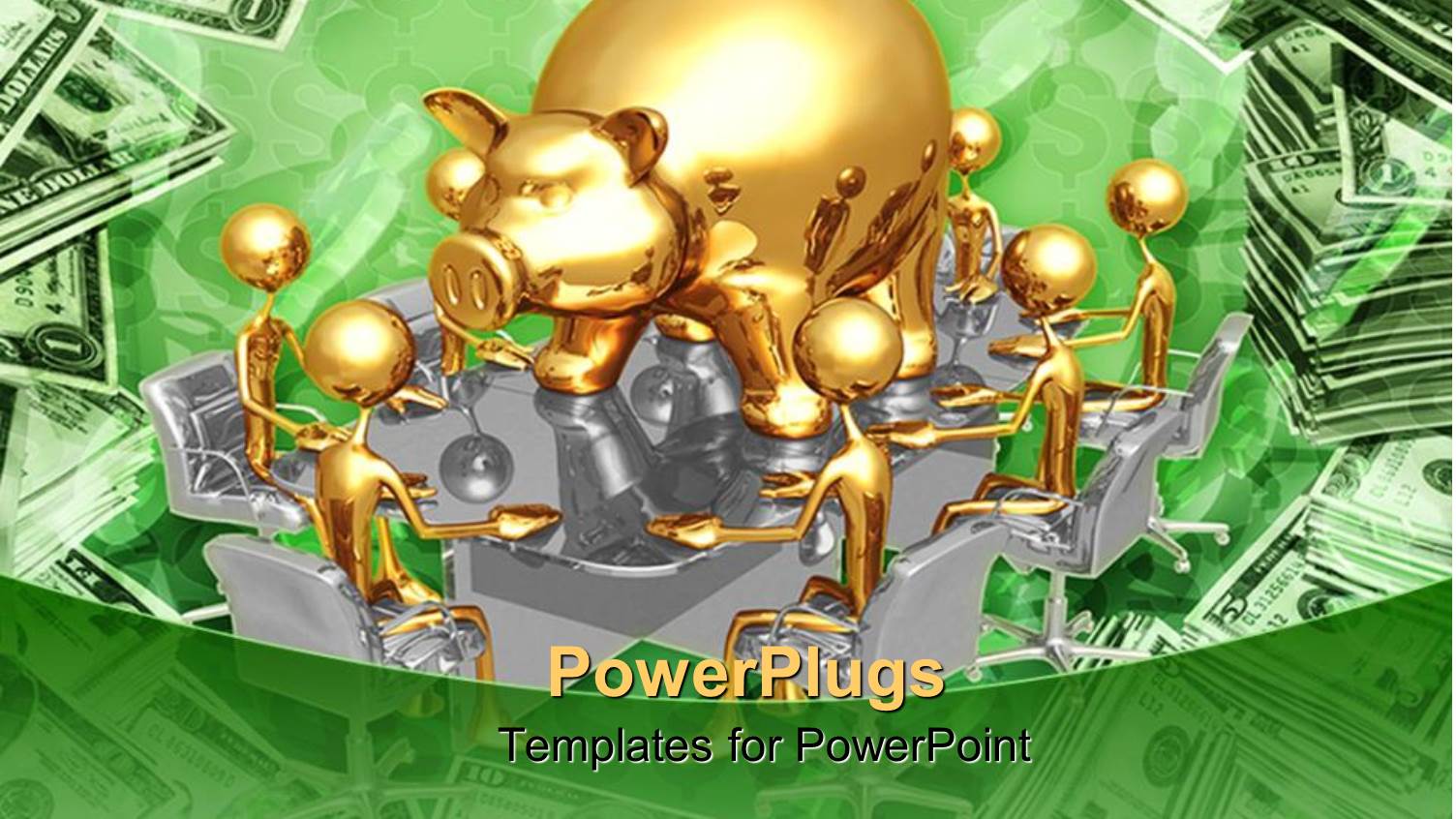 3D Graphics of Lots of Gold Colored Men Sitting Round a Piggy Bank