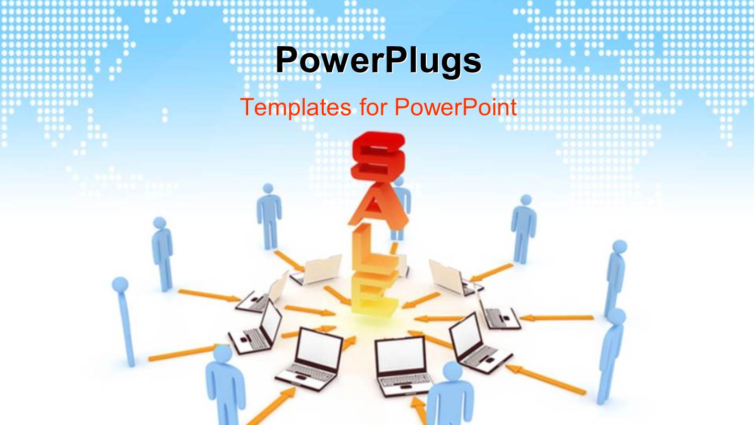 3D Graphics of Nine Character Standing in Frony of Open Laptops and a large Text