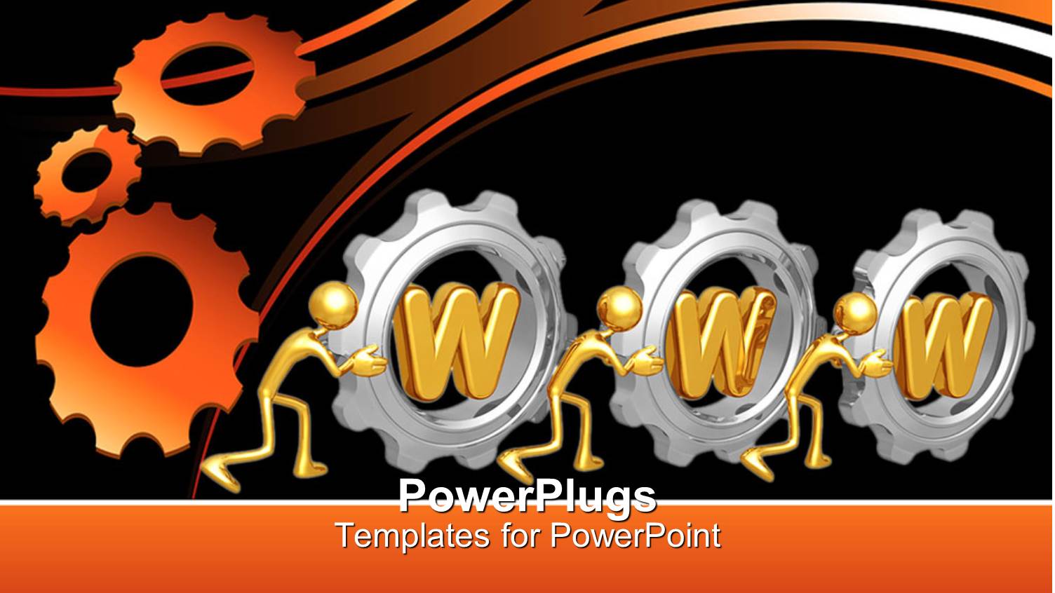 3D Graphics of Three Characters Pushing some Silver Gears with some Text