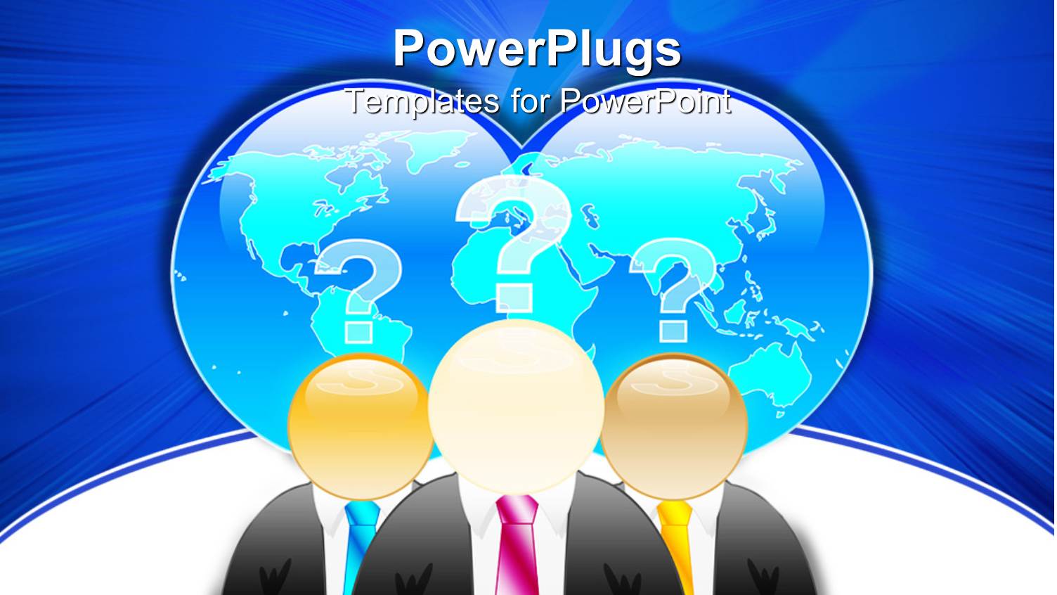 3D Graphics of Three Characters with Question Marks and Globes Over their Heads