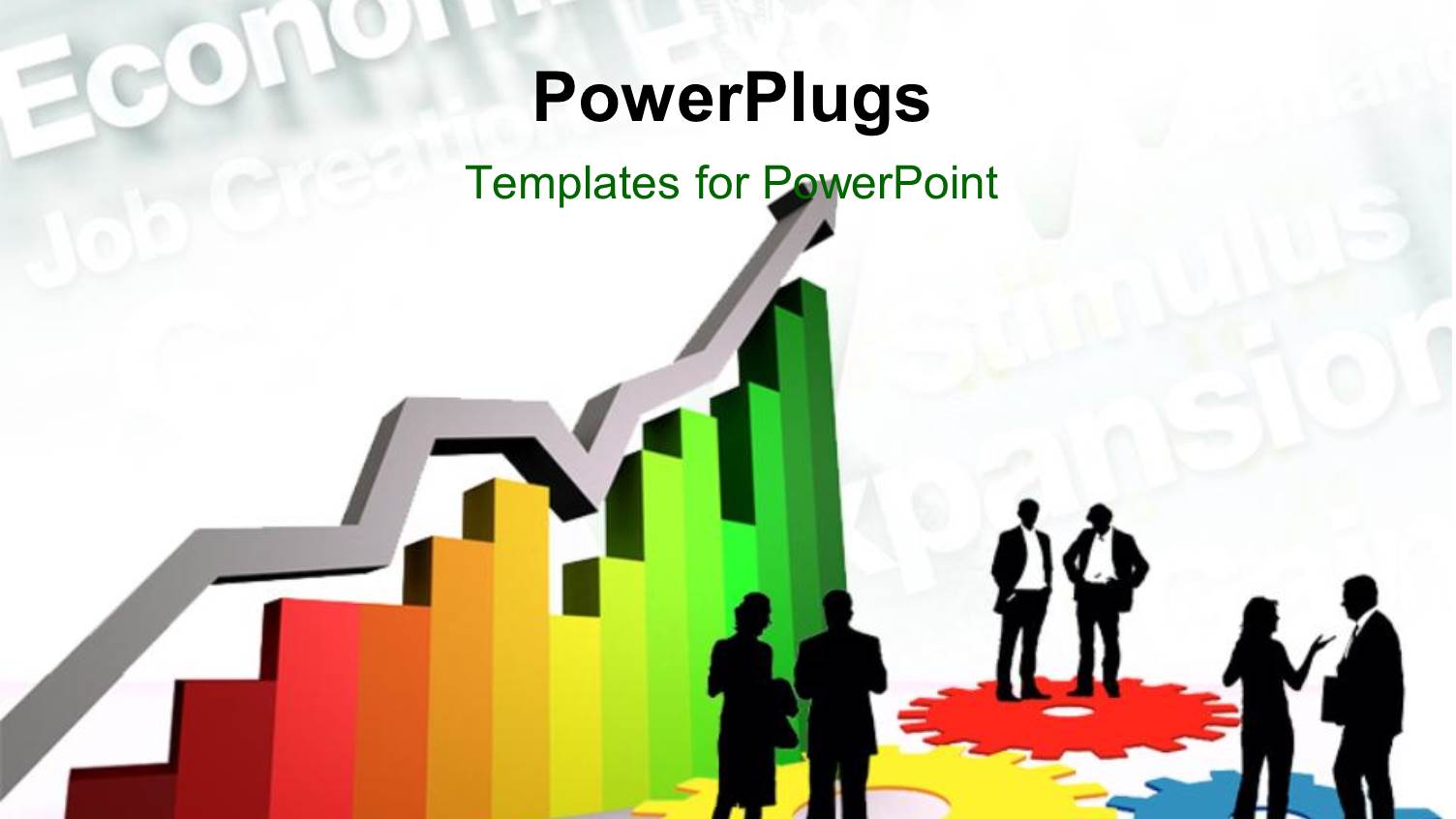 3D Graphs with Business People Standing on Cogwheels and Faded Keywords