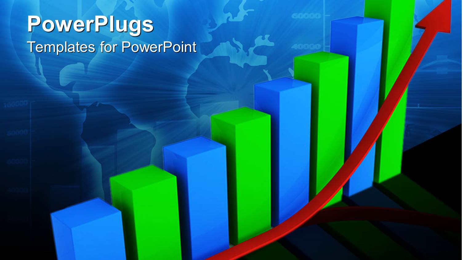 3D Green and Blue Graphic Bars Chart with Red Rising Arrow and World Map on Background