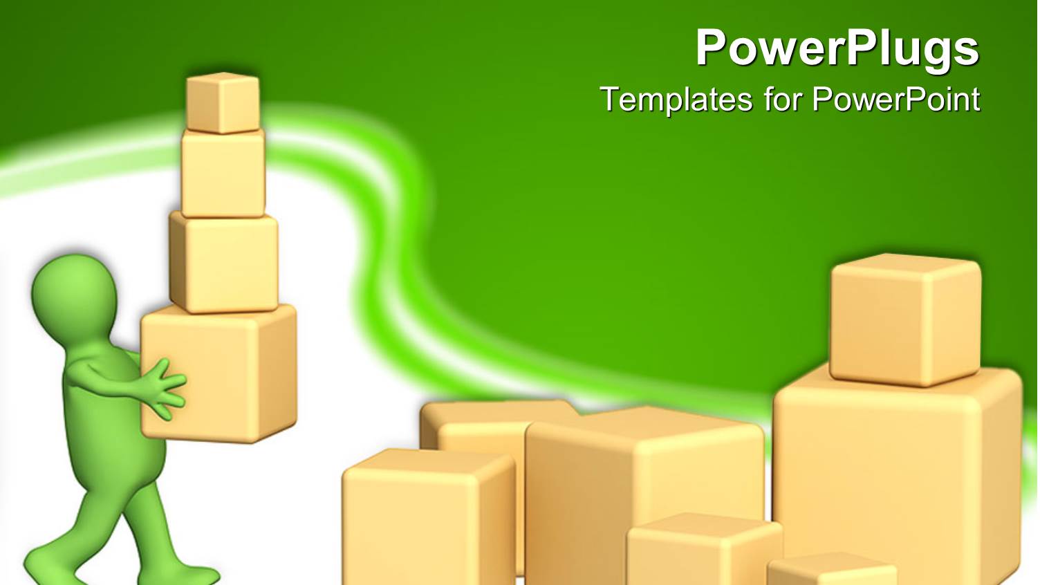 3D Green Figure Carying 3D Boxes of Various Size and 3D Boxes of Different Sizes on the Ground on Green and White