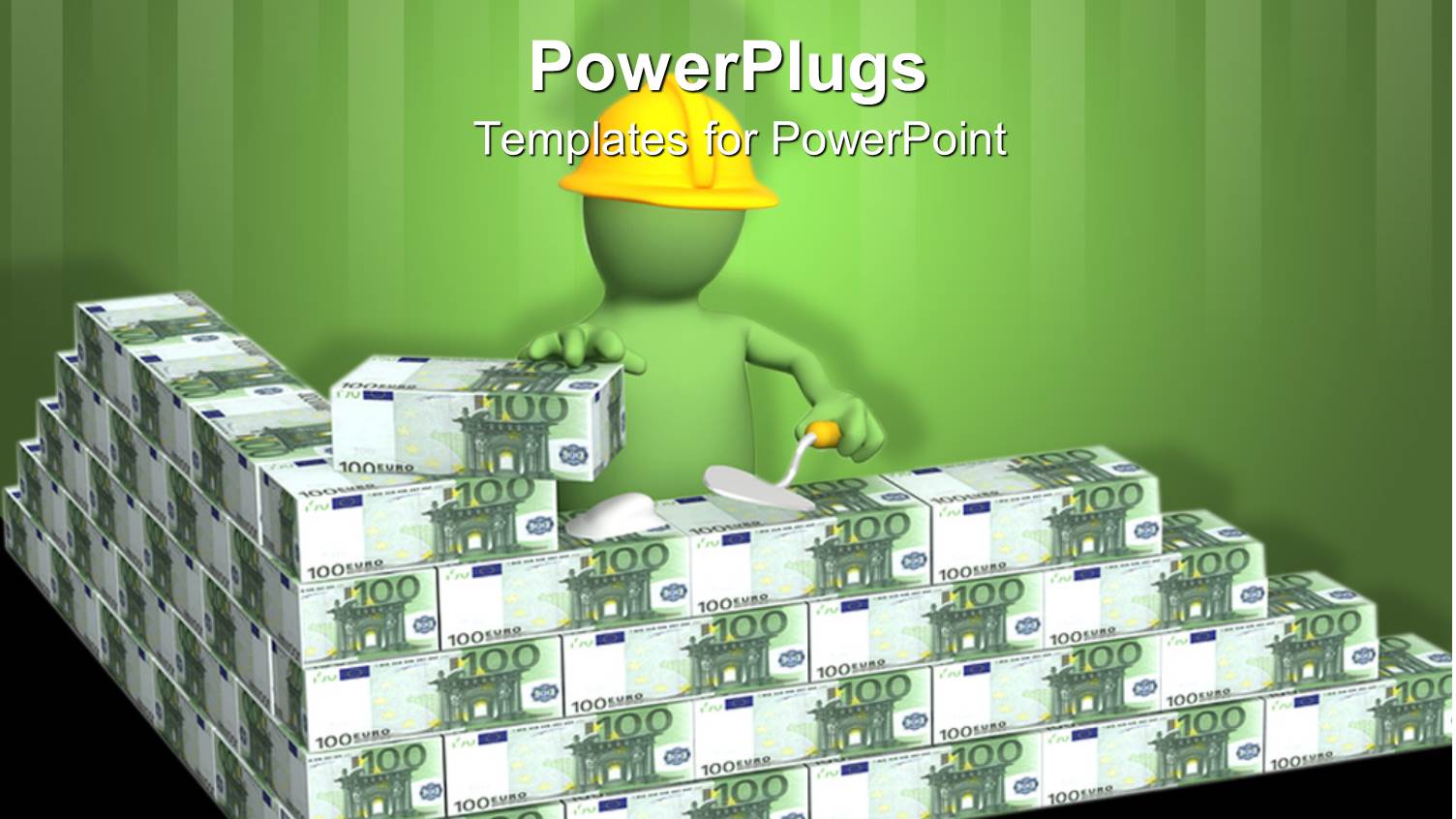 3D Green Figure with Yellow Workers Hard Hat Building with Stacks of Money Bills