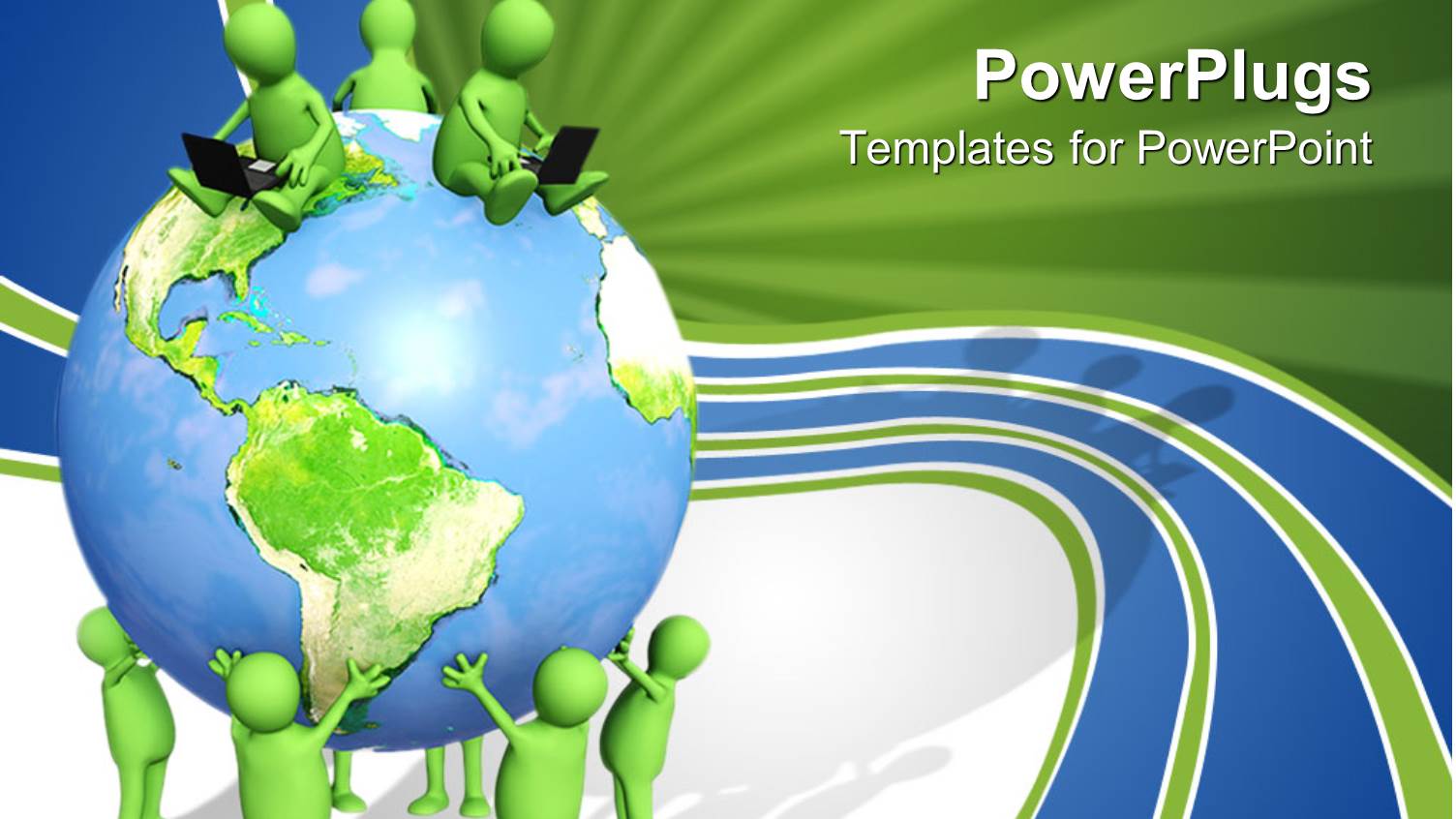 3D Green Figures Holding Globe and Three Figures Sitting on Top of Earth with Opened Laptops on their Laps