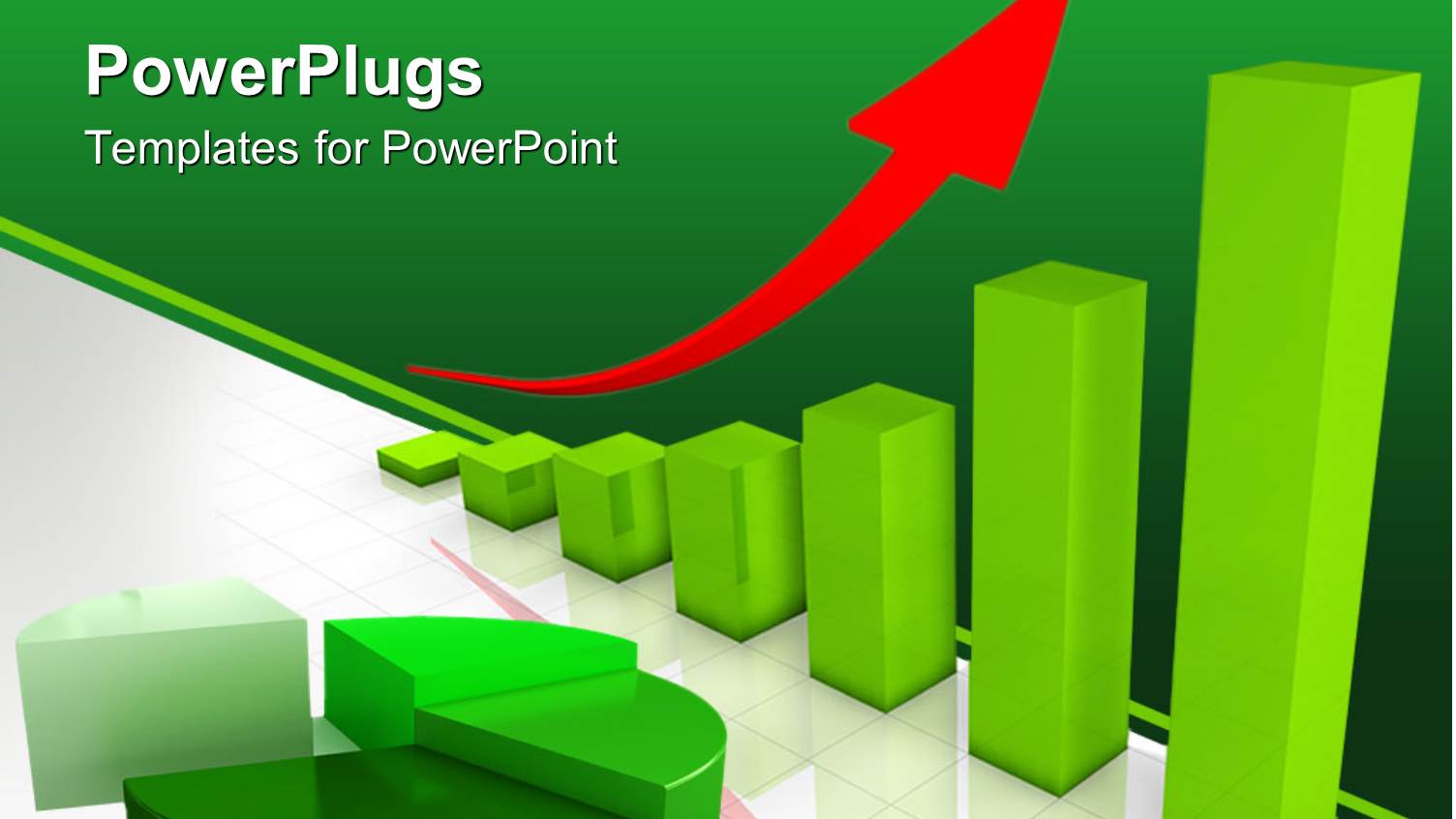 3D Green Pie Chart and Bars Diagram with Red Arrow Rising Over the Bars