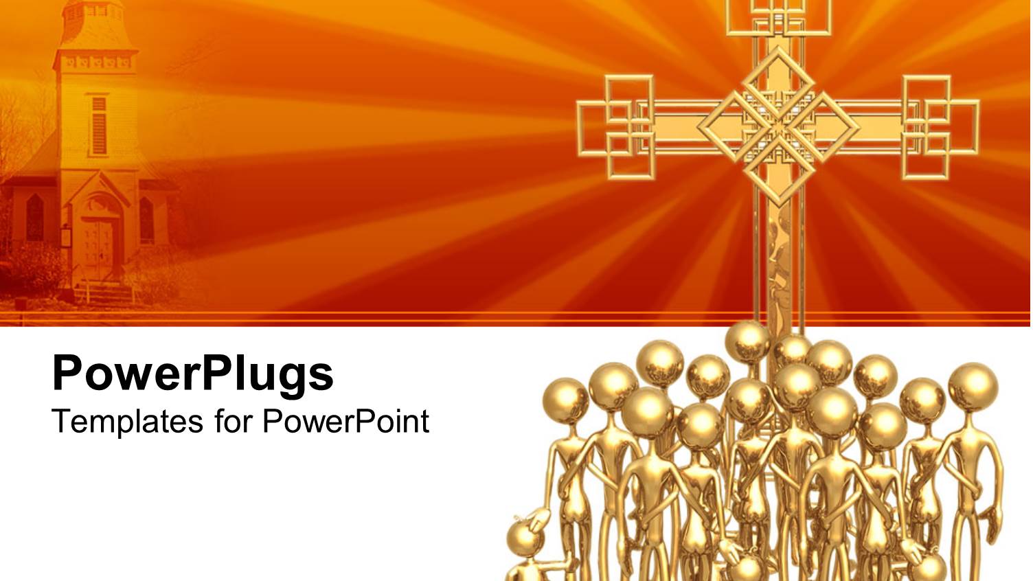 3D Group of Golden Figures with Adults and Children in Front of big Golden Cross and Depiction of Church