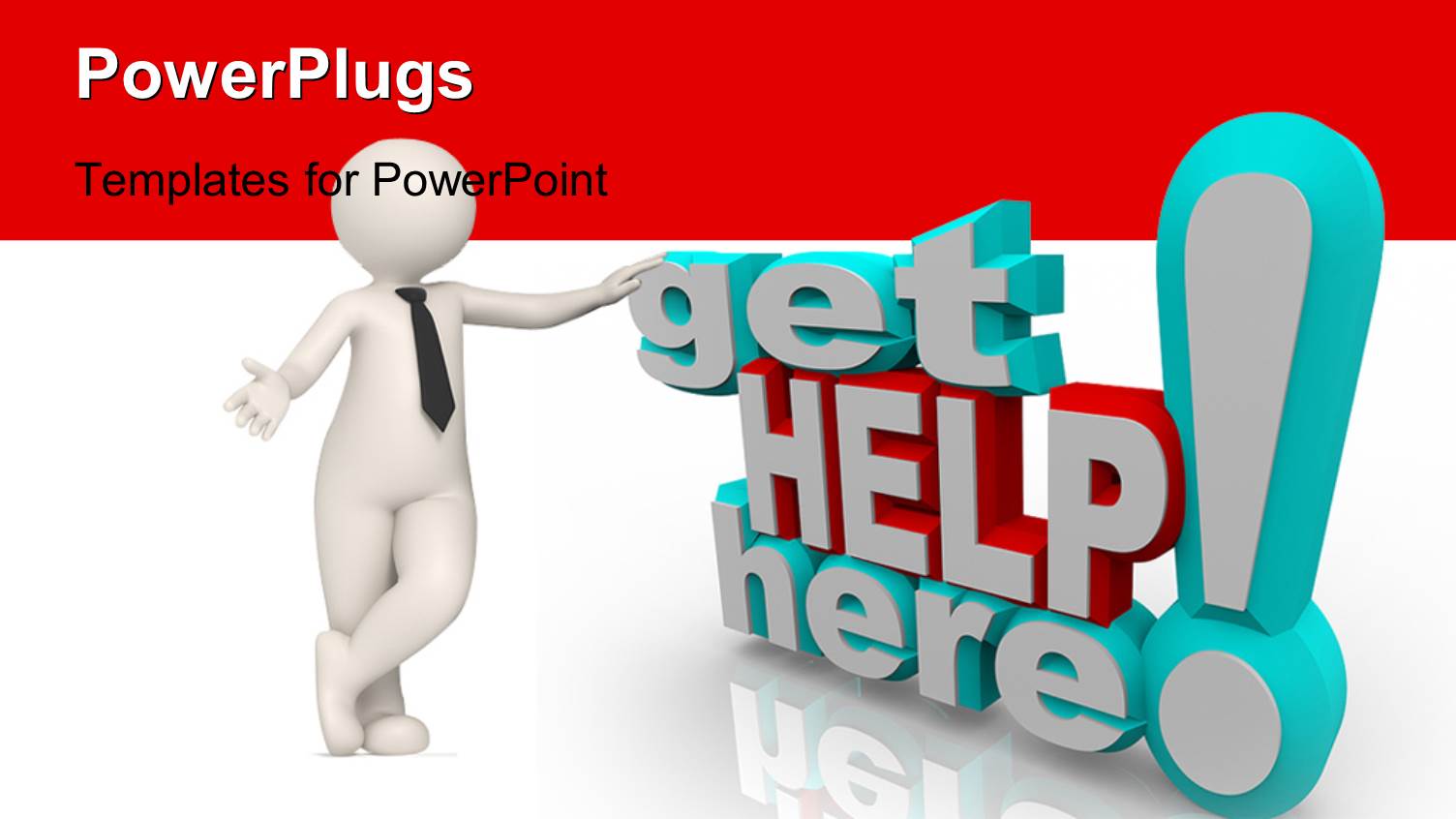 3D get Help Here Exclamation Mark with 3D Figure on White and Red Background